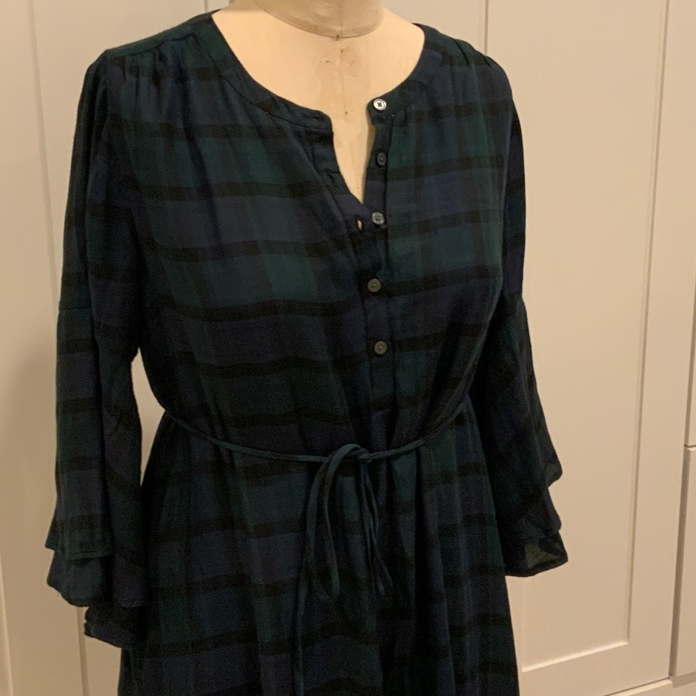 LOFT Dark Navy Plaid Long Sleeve Maternity Dress
